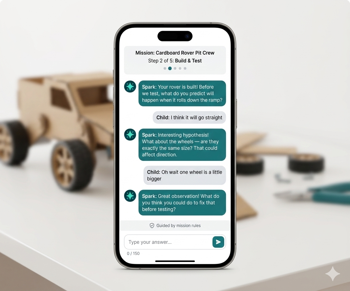 Spark AI coach conversation showing Socratic coaching during a Cardboard Rover mission — guiding the child through hypothesis testing